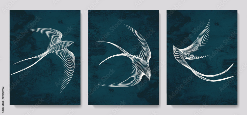 Wall mural art background with swallows in line art style. set of vector posters with hand drawn birds for deco