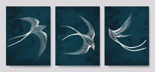 Art background with swallows in line art style. Set of vector posters with hand drawn birds for decoration, print, wallpaper, textile, interior design, textile. © VectorART
