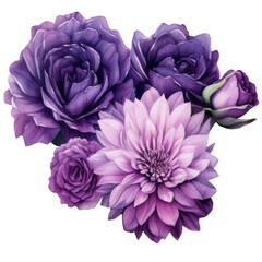 Illustration Bouquet of purple flowers, watercolor purple floral, rose, peony, dahlia, Isolated on transparent background. Generative AI