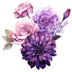 Illustration Bouquet of purple flowers, watercolor purple floral, rose, peony, dahlia, Isolated on transparent background. Generative AI