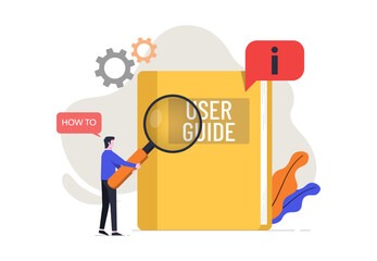 User manual guide book concept, People characters holds magnifier to read for guidance manual instruction textbook, specification user tutorial document, terms and conditions