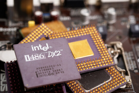 Bangkok, Thailand - May 31, 2023  Intel i486 DX2 CPUs, old microprocessors, obsolete computers and motherboards. E-waste is a problem with environmental concepts, it should be recycled.