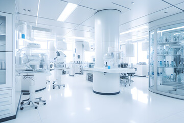Medical laboratory, white and hygienic, professional, wide angle, pharmaceutics, healthcare, biochemistry technology, biotech concept. Generative AI