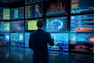 Businessman or Leader thinking and making decision while looking at financial information on visual display, specialist using technology to analyze data, Generative AI