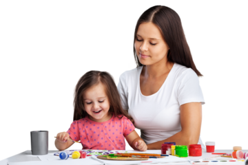 Happy mother and cute little girl doing homework,writing and painting.