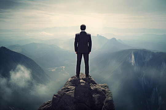 Businessman standing victoriously atop a mountain peak, embaodying vision, leadership, and success. Overcoming obstacles, he achieves goals with determination and motivation