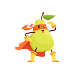 Cartoon pear fruit superhero character. Funny vector super hero garden plant personage in cape and mask showing muscles demonstrating strength and power. Isolated strong healthy smiling vigilante