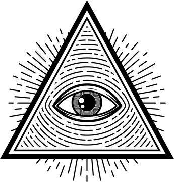 Sacred magical eye, occult providence symbol in pyramid. Vector magical esoteric religion sign in triangle, tattoo design with mason illuminati
