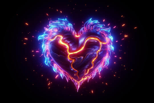 pink heart in blue fire, black background, neon effect, 4k, Generative AI