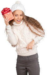 Young Woman In Winter Clothes Holding Present - Isolated