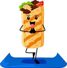 Cartoon fast food burrito character on yoga fitness sport. Mexican street food menu meal cute personage, fast food dish or takeaway restaurant burrito funny vector mascot doing yoga on mat