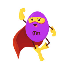 Cartoon manganese or manganum superhero micronutrient character. Isolated vector funny Mn nutrient defender comics book personage. Brave food supplement capsule, mineral bubble in mask and cloak
