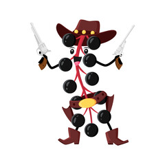 Cartoon bird cherry cowboy, sheriff, robber, bandit or ranger berry character. Vector wild west hero wear hat with muskets. Funny western personage, healthy vitamin food, happy horseman or cowpuncher