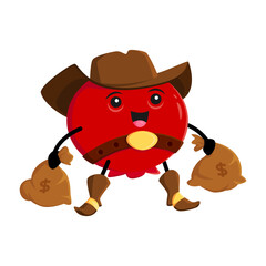 Cartoon cranberry cowboy character. Vector berry ranger, mooseberry wild west robber bandit in hat with money sacks in hands. Funny garden plant western personage, healthy happy vitamin food horseman