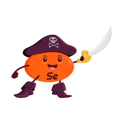 Cartoon vitamin and Se micronutrient pirate or corsair character. Vitamin tablet, food supplement pill or healthy nutrition mineral dragee pirate happy vector personage in tricorn hat, fencing cutlass