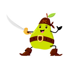 Cartoon green pear pirate and corsair character fight with cutlass. Isolated vector juicy happy smiling sailor buccaneer wear bandana and boots. Freebooter or picaroon personage for kids menu