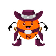 Cartoon ferrum or iron cowboy or ranger micronutrient character. Funny vector Fe element robber or bandit with guns. Wild west armed personage wear hat, boots and belt. Texas fantasy western hero