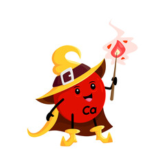 Cartoon Ca mineral micronutrient wizard character. Isolated vector calcium mage or warlock nutrient capsule personage wear witch hat and cloak casting spell with wand. Funny supplement wiz or sorcerer