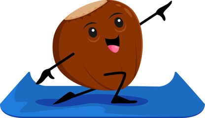 Cartoon happy hazelnut nut character on yoga fitness sport. Isolated whole unpeeled vector yogi seed personage stand in asana pose on mat. Flexible strong kernel with brown shell, natural healthy food