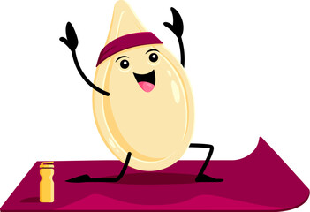 Cartoon happy pumpkin seed character on yoga or fitness sport. Vector healthy seed sitting on in asana pose with raised hands. Funny smiling personage wellness class, mind balance, yoga class practice