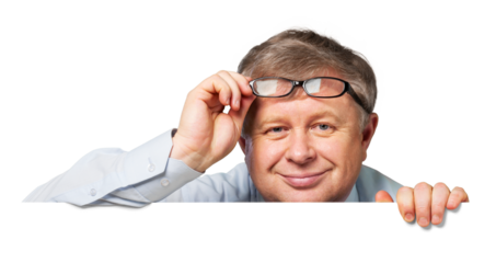 A positive adult man holds white billboard