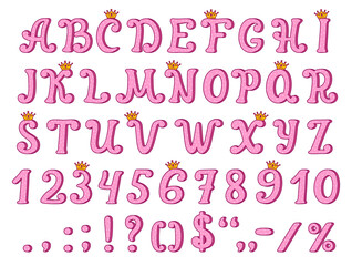 Princess font, royal type, king alphabet and queen typeface, vector typography. Cartoon girly letters, numbers and punctuation marks set, gold crowns and pink white polka dots pattern, fairy abc font