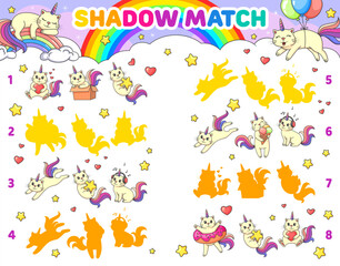 Shadow match game, cartoon funny caticorn cats and kittens on rainbow, vector puzzle quiz for kids. Shadow match game worksheet with caticorn or cat unicorns with ice cream, balloons and magic stars