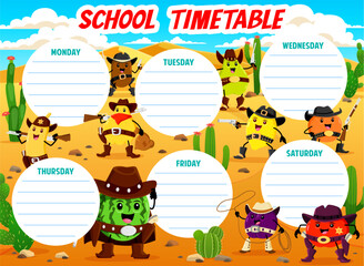 Timetable schedule with cartoon western cowboy, sheriff and robber fruits characters, Wild West landscape. Kids education vector schedule with apple, plum, watermelon and orange, lemon cute personage