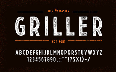 Bbq grill font, barbecue type, steak typeface, grunge alphabet with capital letters, numbers and digits. Vector abc font for menu display of bbq restaurant, grill bar, butcher shop and steak house - obrazy, fototapety, plakaty