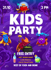 Halloween party flyer. Cartoon vitamin and micronutrient wizards and mage characters in night forest. Vector invitation poster template with funny nutrient capsules wear magician costumes and wands - obrazy, fototapety, plakaty