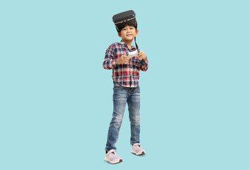 School girl, Happy Asian student school kid Hold the game controller with using vr headset. virtual reality glasses, Full body portrait isolated on pastel plain light blue background