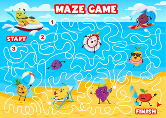 Labyrinth maze game, cartoon funny fruits on summer beach vacation. Kids vector boardgame with pear, dragon fruit, figs and plum. Pineapple, apple, grapes or quince having water fun on tangled path