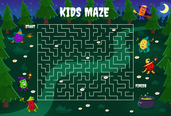 Labyrinth maze game. Help to cartoon mineral and micronutrient wizards find a magic potion. Kids vector boardgame worksheet with P, Zn, Cl, Se, Fe and Ca bubbles Halloween characters on tangled path