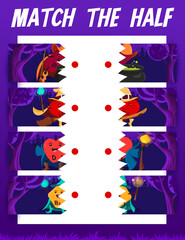 Match the half of cartoon vitamin wizards and sorcerers. Vector board game worksheet with P, B12, D and B2 warlock capsules in night magic forest. Connect separated pieces riddle task for children - obrazy, fototapety, plakaty