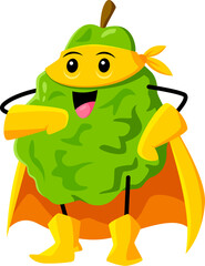 Cartoon bergamot tropical fruit super hero defender character wear yellow cape and mask, equipped with special power and abilities. Isolated vector citrus personage with heroic stance and playful vibe