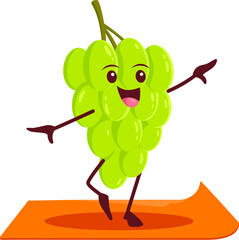 Cartoon grapes fruit character on yoga fitness. Fresh and healthy fruit on sport training, isolated green grapes comical vector character practicing fitness workout or doing yoga exercise on mat