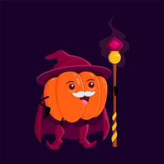 Cartoon pumpkin Halloween vegetable wizard, witch and mage character. Funny vector veggies magician with magic staff. Wiz or sorcerer with mustaches, conjuror gourd or squash personage casting spell