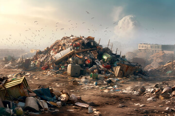 Urban garbage dump, waste recycling problems, ecology, ai generated