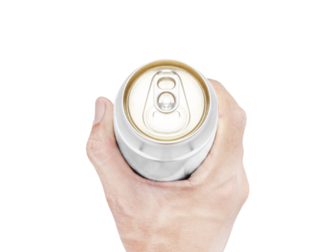 Top view hand hold mockup shiny aluminum can
