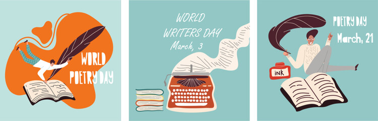 Set of Conceptual vector illustrations for Poetry Day, March 21, World Writers Day, March 3 with a typewriter, pen and inkwell and hand drawn character characters woman, man. - obrazy, fototapety, plakaty