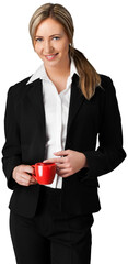 Smiling business woman drink coffee