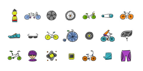 Fototapeta premium Bicycle time. Types of bicycles, tools and spare parts. Icons set for your design