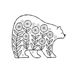 Bear character with Ethnic Floral Ornament isolated on white