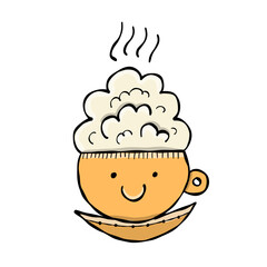Cappuchino cup with foam. Cute coffee mug character smiling for your design
