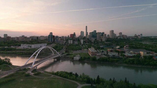 Cinematic, 4K aerial footage of Edmonton in the summer at sunset