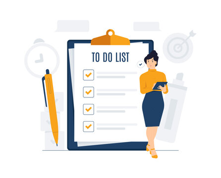 To do list, task management, planned, prioritized, time management. Businesswoman do daily tasks, planning with checklist on notepad paper agreement concept illustration