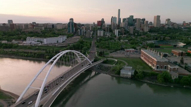Beautiful Drone Shot of Downtown Edmonton and Walter dale Bridge in the summer at dusk.