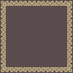 Classic square golden frame with arabesques and orient golden elements. Abstract ornament with place for text. Vintage pattern