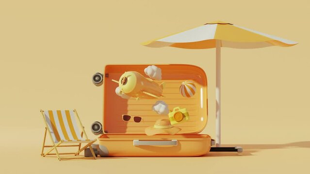 Vector 3D realistic of an orange travel suitcase opened and several stuffs flying up. An umbrella and a beach folding chair with yellow and white color moving in from outside