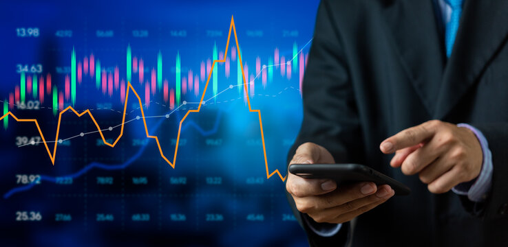 hand holding mobile smartphone virtual screen stock market and forex. Business financial banking and investment exchange future